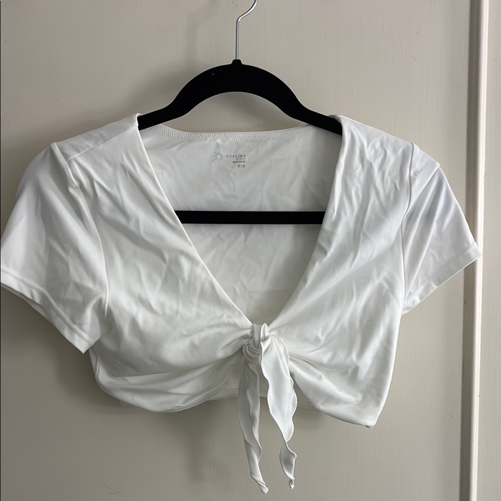 Aerie White Tie-Front Crop Top Short Sleeve